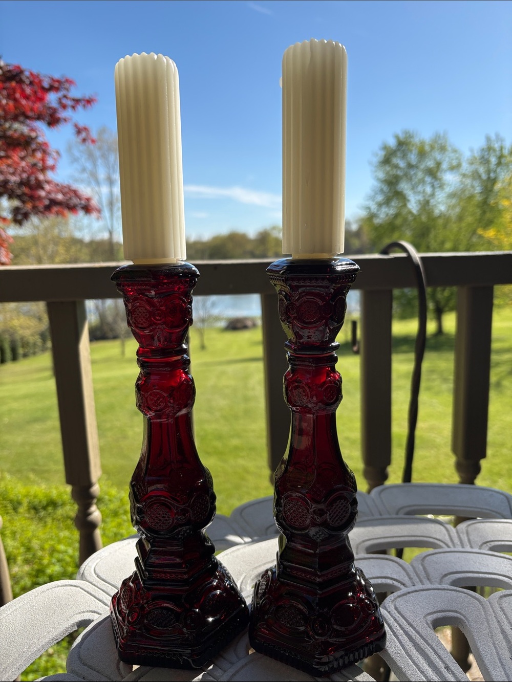 Avon Cape Cod Vintage-Style Ruby Red Glass Candlesticks holders set.